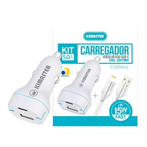 Kit Carregador Veicular Kimaster 15W Lightning CV206UL