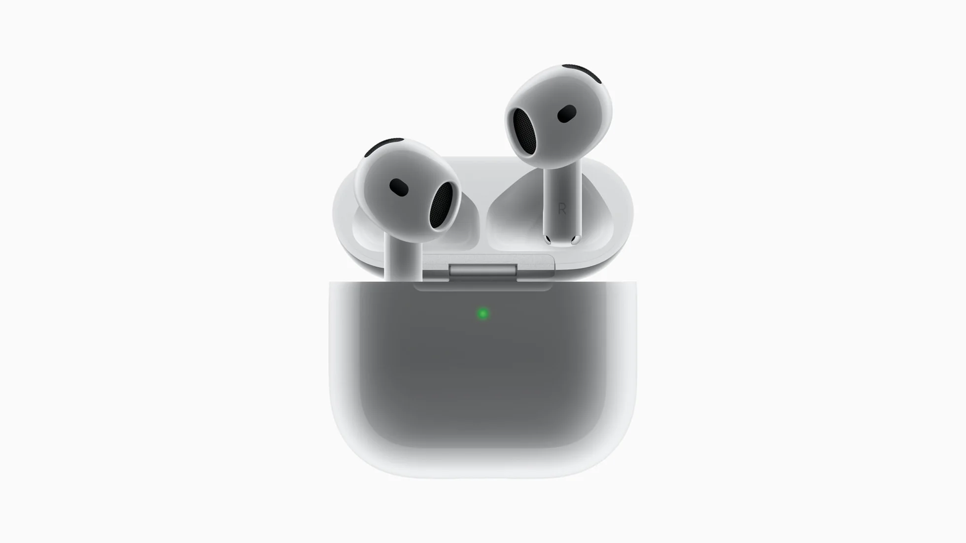 AirPods 4 atual, aberto dentro do estojo de carregamento