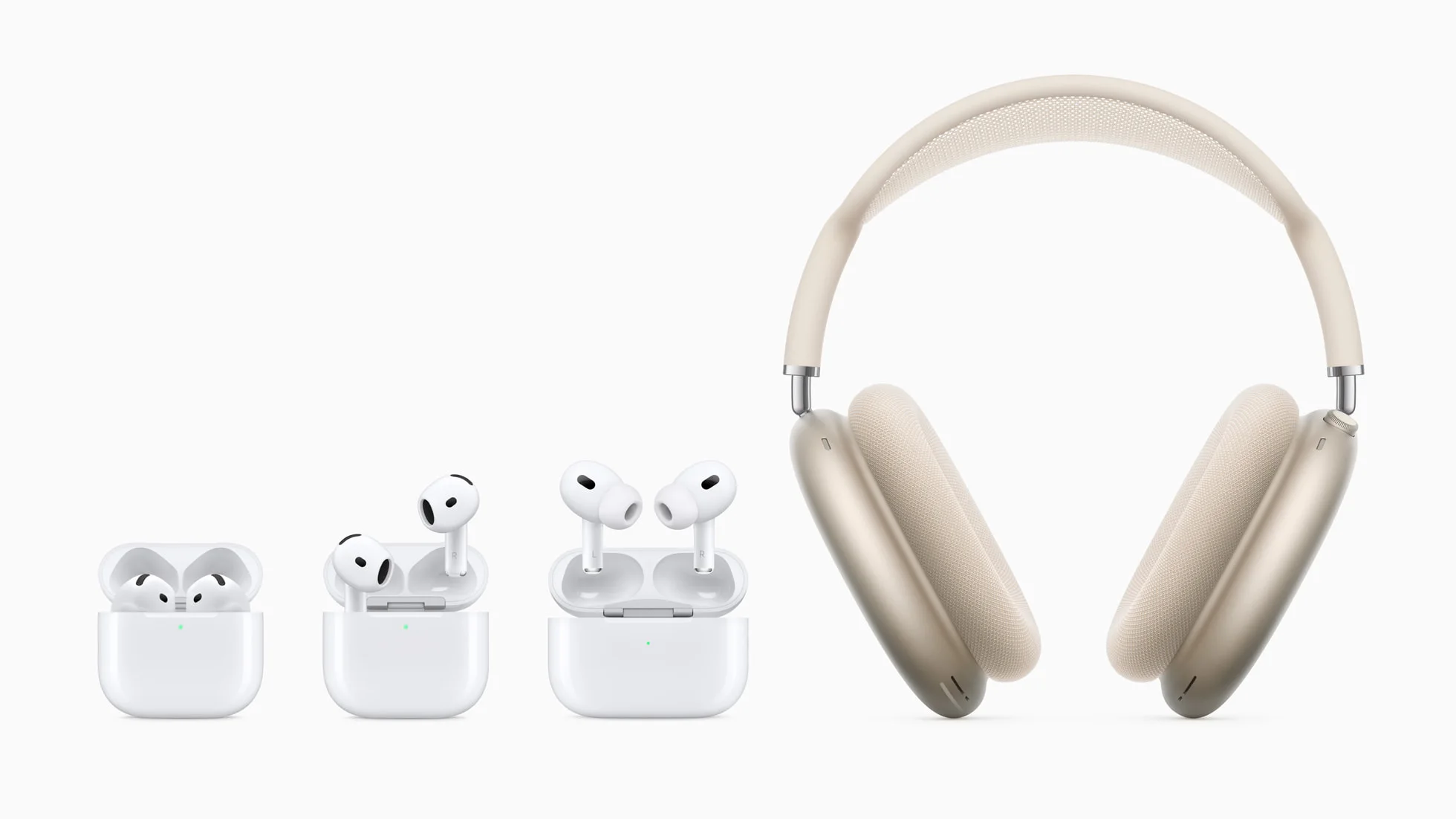 Toda a linha atual de fones da Apple lado a lado: AirPods, AirPods 4, AirPods Pro 2 e AirPods Max