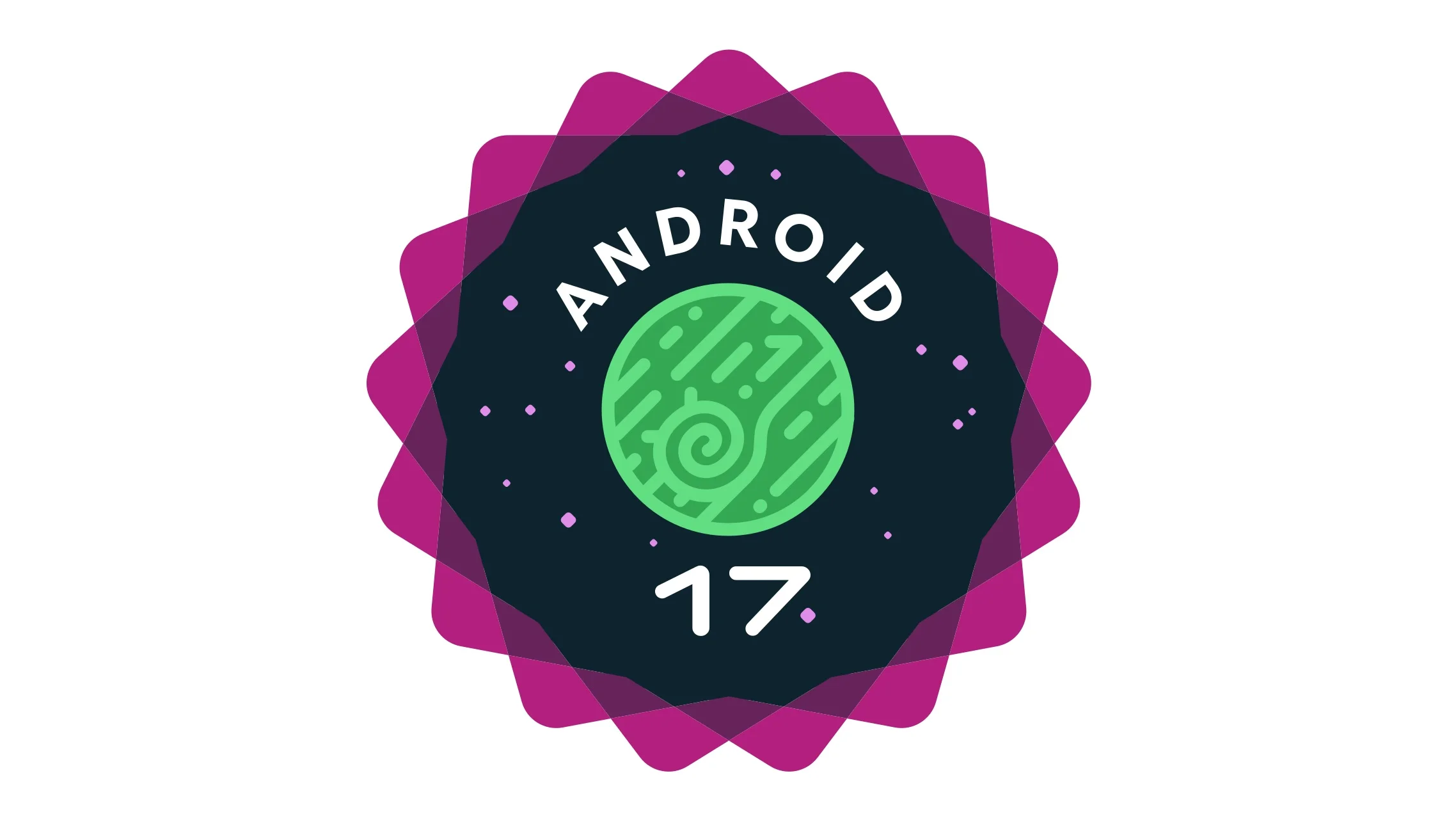 Logo oficial do Android 17, com o robô do Android verde ao centro de um selo roxo e escuro