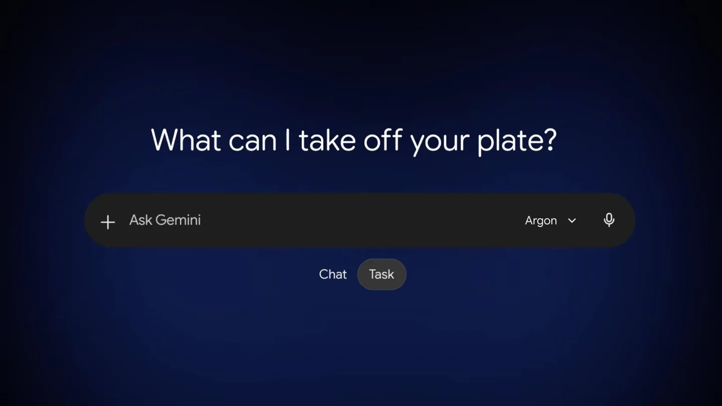 Tela do app do Gemini com o campo de pergunta, a escolha do modelo Argon e os modos Chat e Task