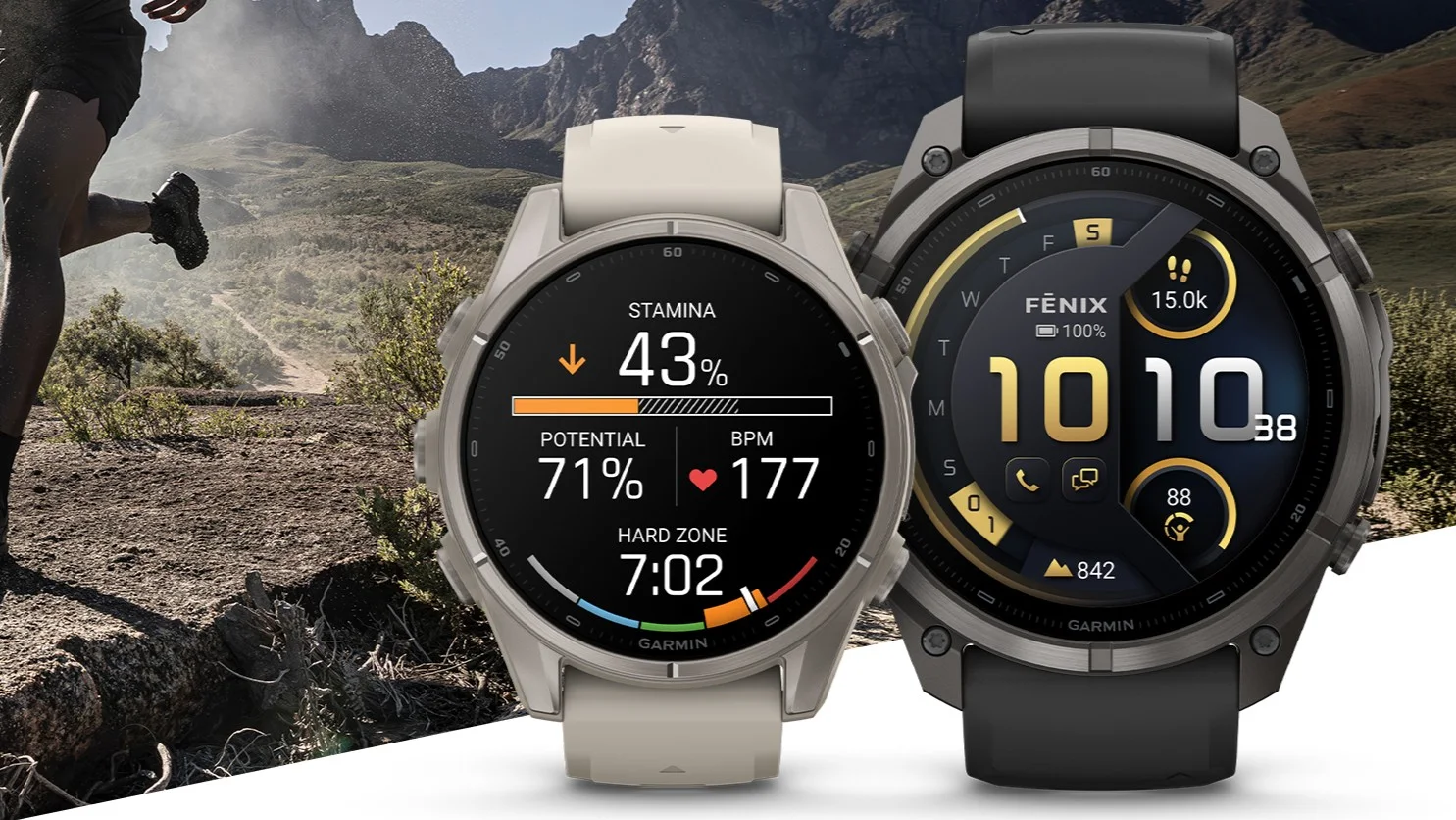 Garmin fenix 9 (esquerda) e fenix 9 Pro (direita) lado a lado, mostrando as telas com dados de treino