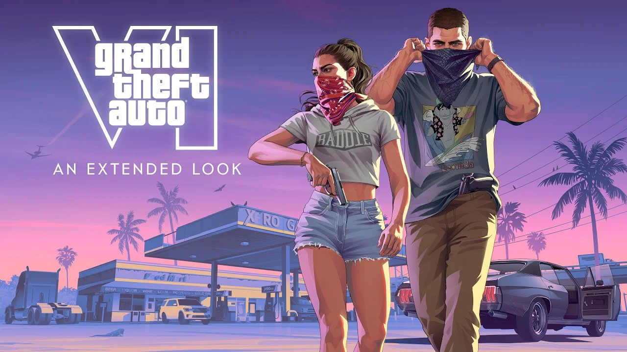 Arte oficial de Jason e Lucia, os dois protagonistas de GTA VI, em um posto de gasolina