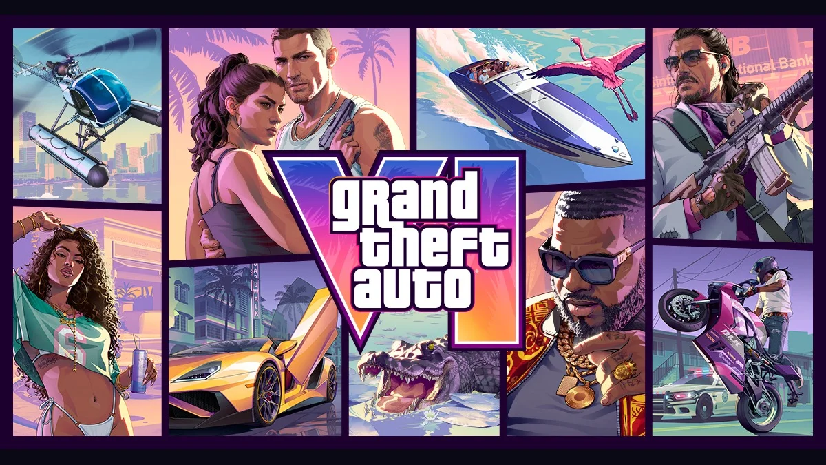 Arte oficial de capa de GTA VI, com os personagens Jason e Lucia e cenas de Vice City