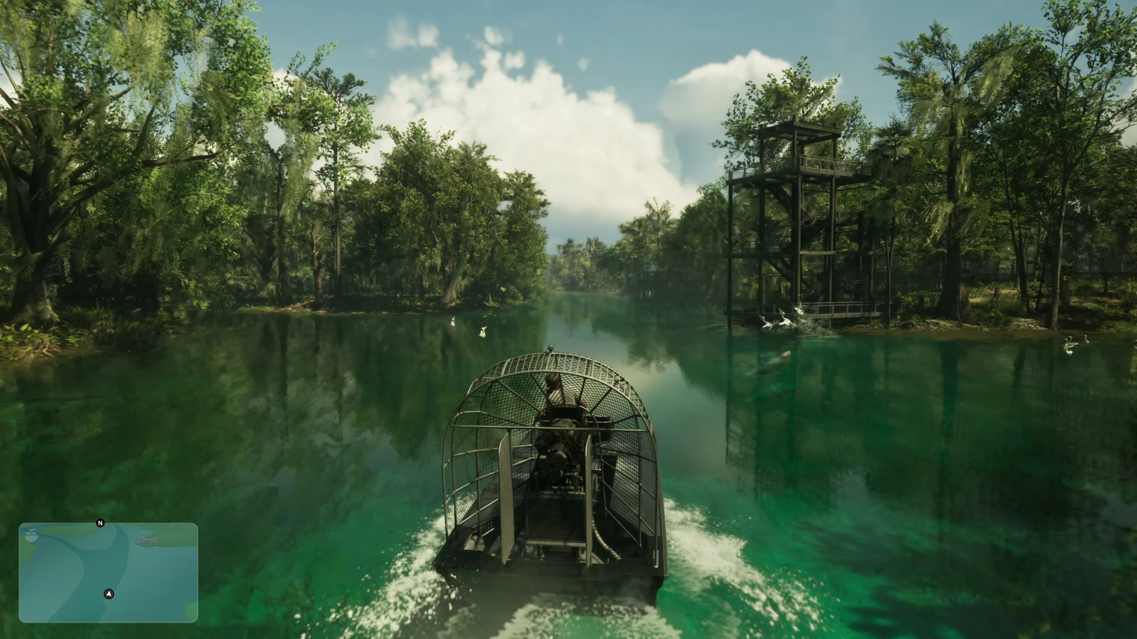 Personagem pilotando um airboat por um pântano detalhado em GTA VI, still do Extended Look