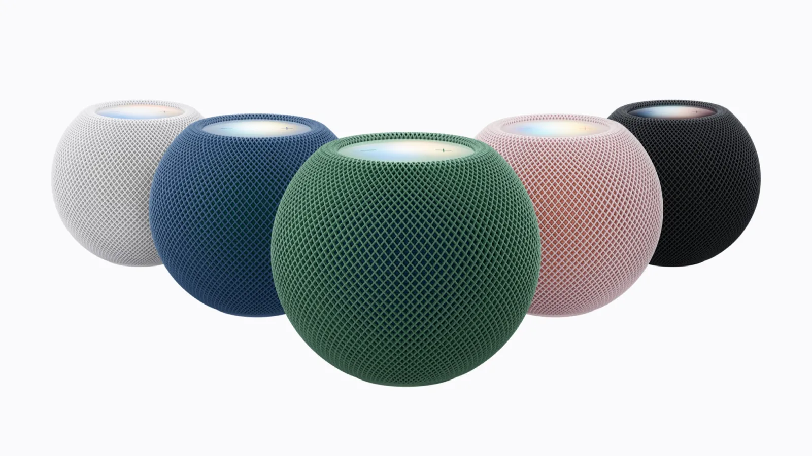 HomePod mini 2 nas cores branca, azul, verde, rosa e meia-noite