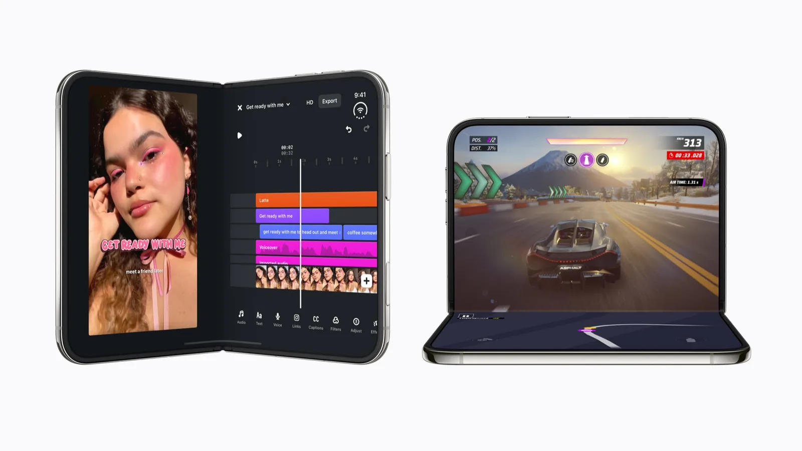 Dois iPhone Duo abertos lado a lado, cada um com um app adaptado para a tela interna