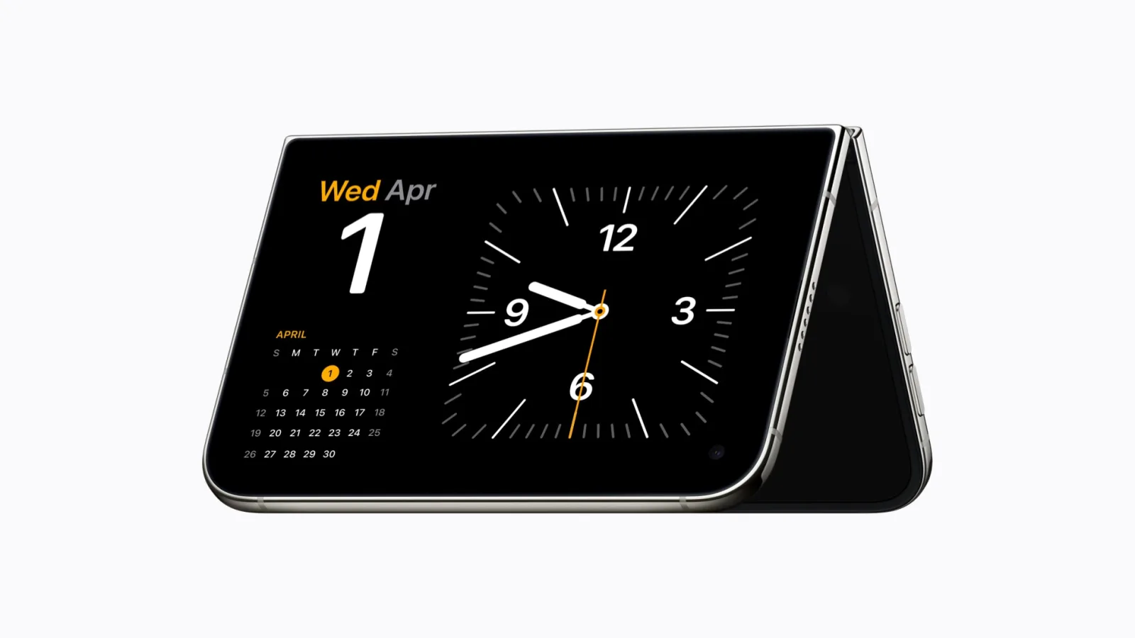 iPhone Duo dobrado em pé, como uma tenda, mostrando calendário e relógio no modo StandBy