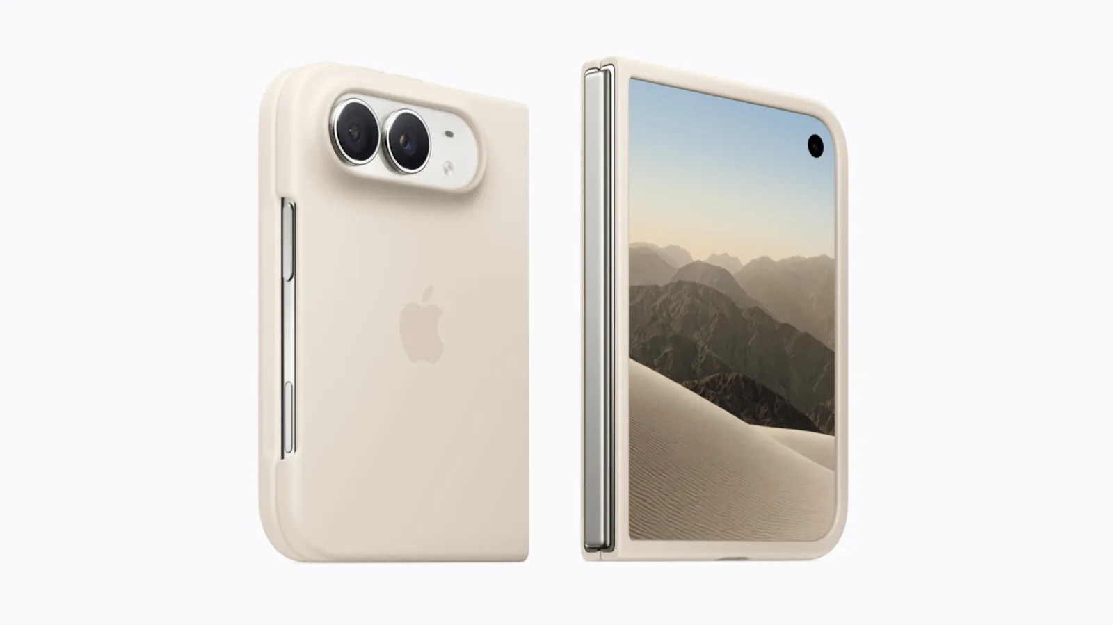iPhone Duo com capa na cor areia, visto de costas e dobrado, ao lado da tela externa