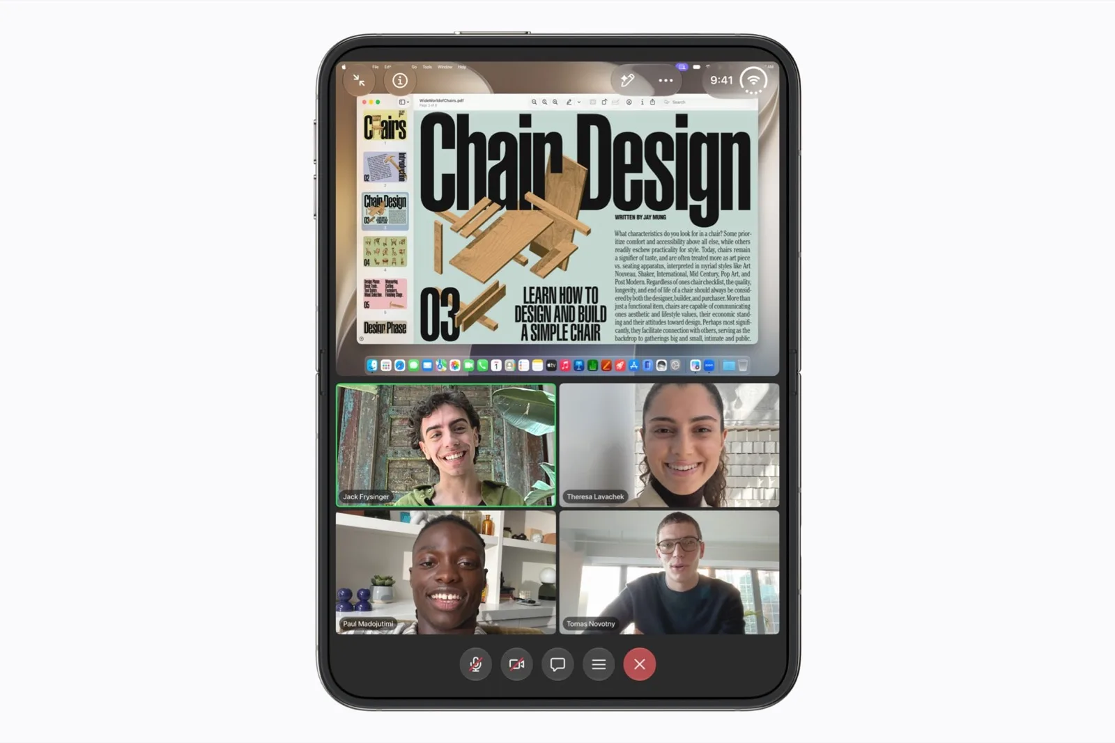 iPhone Duo aberto, com uma chamada do Zoom e o conteúdo compartilhado na tela interna