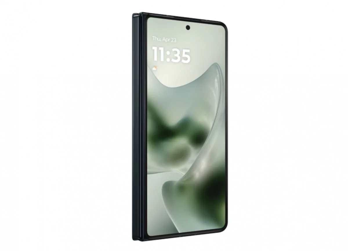 Motorola Razr Fold aberto, visto de perfil, mostrando a tela interna sem vinco visível