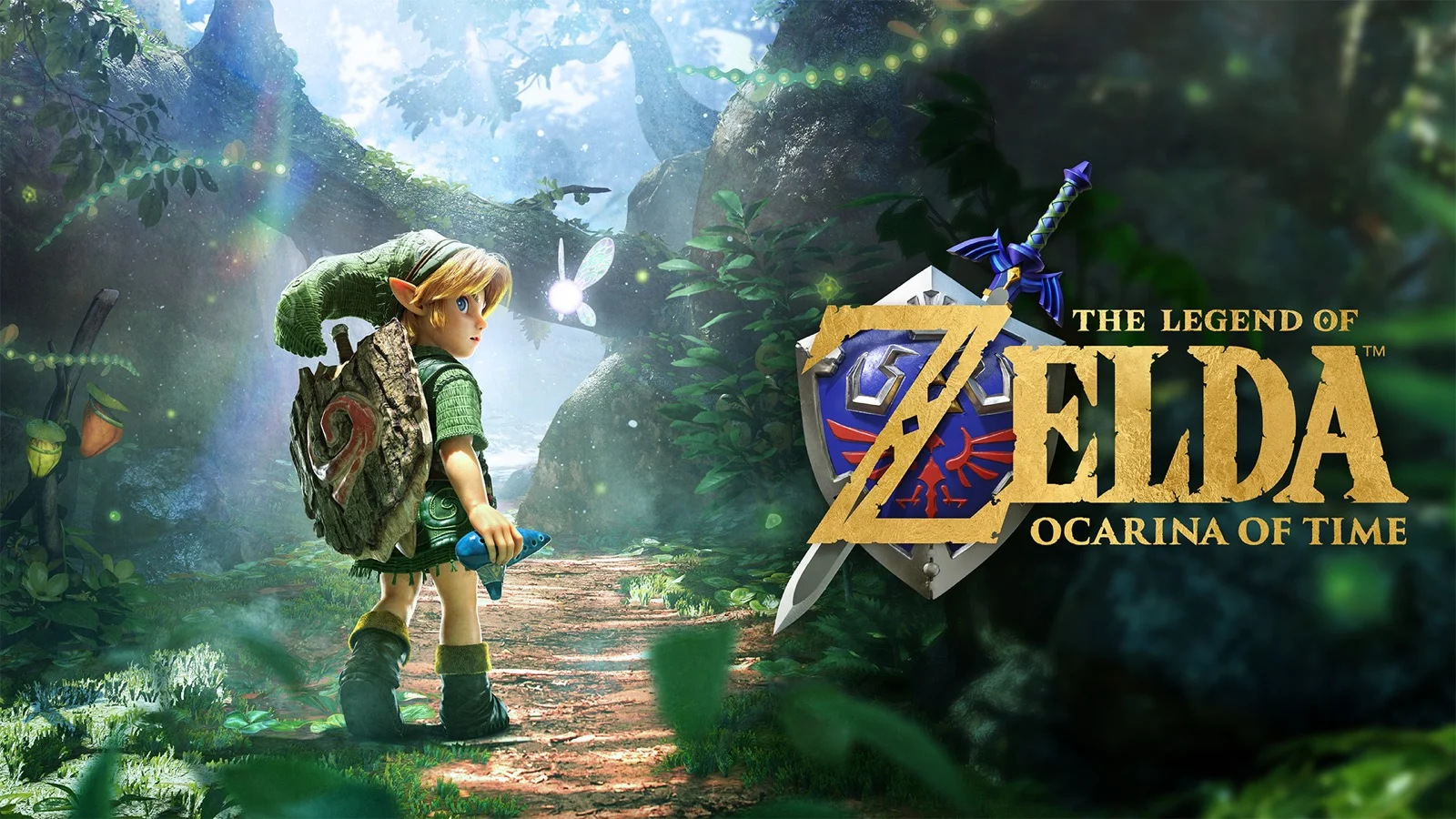 Arte oficial de The Legend of Zelda: Ocarina of Time com Link jovem em uma floresta