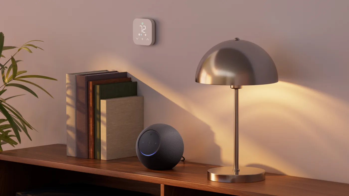 Echo Studio em uma estante, ao lado de uma luminária