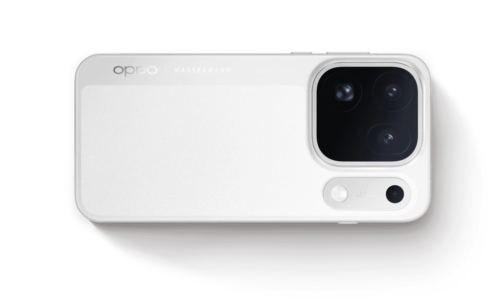 Traseira branca do Oppo Find X10 Pro Max com o módulo de três câmeras e a marca Hasselblad