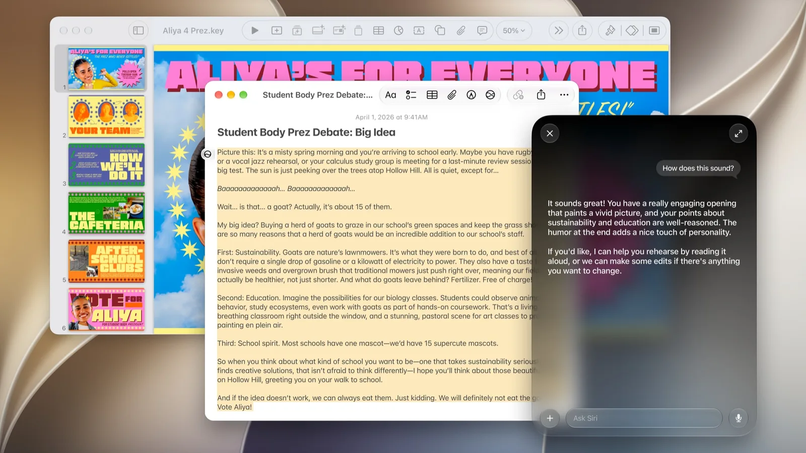 Siri AI no Mac respondendo sobre um texto aberto ao lado de uma apresentação